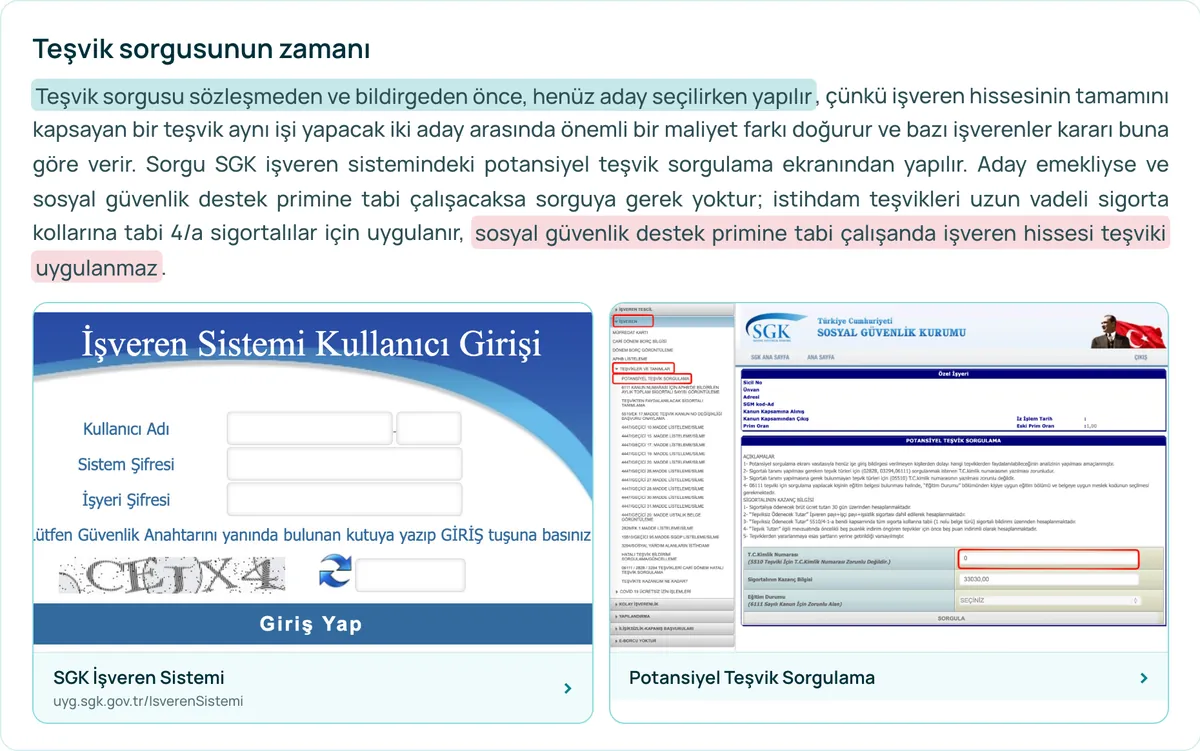 Eğitim portalında teşvik sorgusu konusu: açıklama ve SGK İşveren Sistemi ile potansiyel teşvik sorgulama ekranları