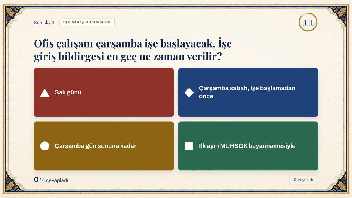 Canlı yarışmanın büyük ekranı: işe giriş bildirgesi sorusu ve dört renkli cevap seçeneği